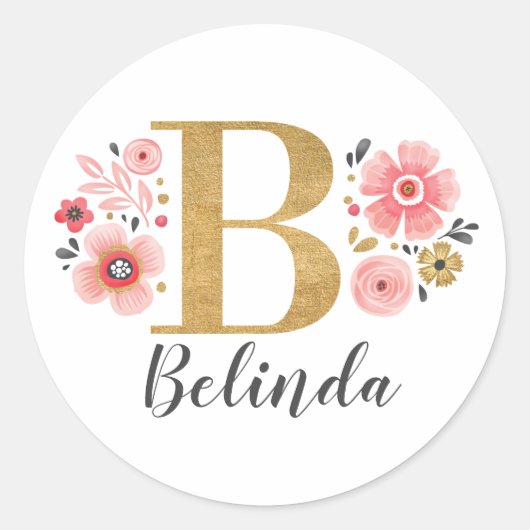 Elegant Goud Roze Bloemen Monogram Initiaal Letter Ronde Sticker (Voorkant)