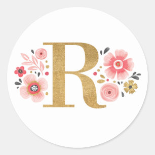 Elegant Goud Roze Bloemen Monogram Initiaal Letter Ronde Sticker