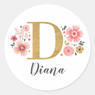 Elegant Goud Roze Bloemen Monogram Initiaal Letter Ronde Sticker