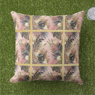 Elegant goud, roze en zwart jungle blad patroon buitenkussen