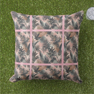 Elegant goud, roze en zwart jungle bladpatroon buitenkussen