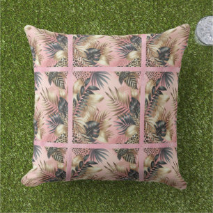 Elegant goud, roze en zwart jungle bladpatroon buitenkussen