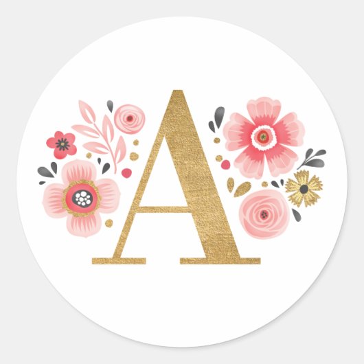 Elegant Goud Roze Monogram Bloemen Letter A Classi Ronde Sticker (Voorkant)
