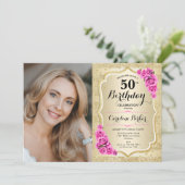 Elegant Goud Roze Rozen Foto 50e Verjaardag Kaart (Staand voorkant)