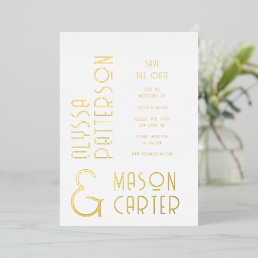 Elegant goud save the date bruiloft folie uitnodiging (Staand Voorkant)
