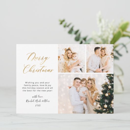 Elegant Goud Script 3 Multi Photo Christmas Feestdagenkaart (Staand voorkant)