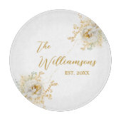 Elegant Goud Script Bloemen Custom Ingesteld Jaar Snijplank (Voorkant)