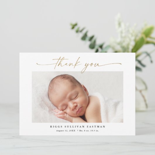 Elegant Goud Script Foto Baby Bedankkaart (Staand voorkant)