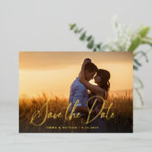 Elegant Goud Script | Foto Overlay De datum opslaa Folie Uitnodiging (Staand Voorkant)