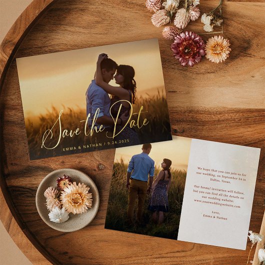 Elegant Goud Script | Foto Overlay De datum opslaa Folie Uitnodiging