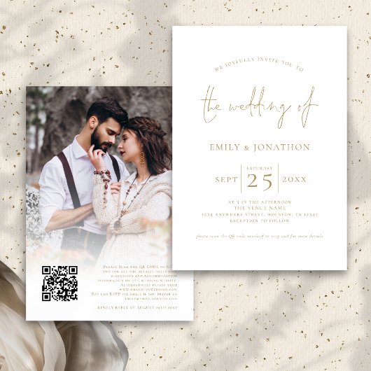 Elegant Goud Script Foto Overlay QR Code Bruiloft Kaart