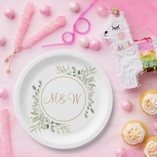 Elegant Goud Script Monogram Initialen Groen Papieren Bordje (Feest)