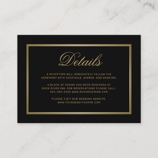 Elegant Goud Script Monogram Zwart Bruiloft Detail Informatiekaartje (Voorkant)