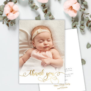 Elegant Goud Script Newborn Baby Foto Dank u Bedankkaart