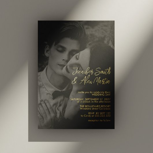 Elegant Goud Script Portret Foto Bruiloft Folie Uitnodiging