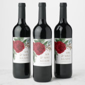 Elegant Goud Script Red Floral Mr. & Mrs Wijn Etiket (Flessen)