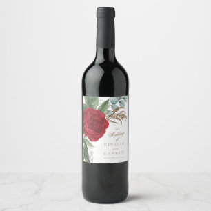 Elegant Goud Script Rood Bloemen Bruiloft Wijn Etiket