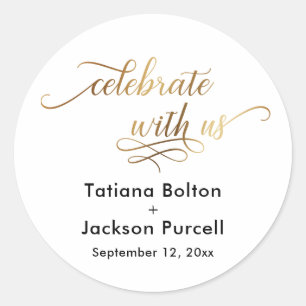 Elegant Goud Script Vier met ons bruiloft Ronde Sticker