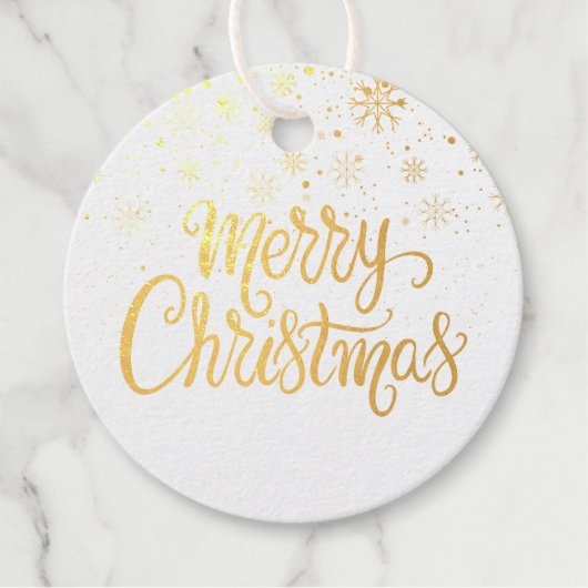 Elegant Goud Script Vrolijk Kerstmis Sneeuwvlokken Bedankjes Labels (Voorkant)