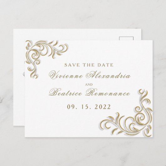 Elegant goud scroll bruiloft Save the Date Briefkaart (Voorkant / Achterkant)