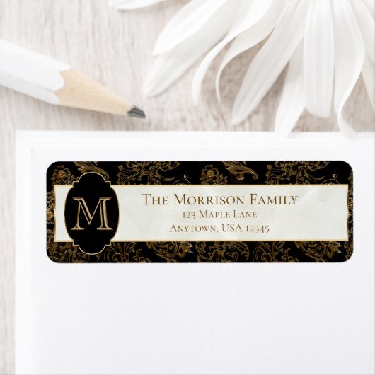 Elegant Goud Scrolls Faux Zwart Marmer Monogram Etiket (Insitu)