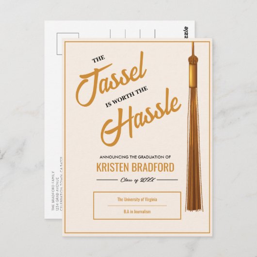 Elegant Goud Tassel Beige Afstuderen Aankondiging Briefkaart (Voorkant / Achterkant)