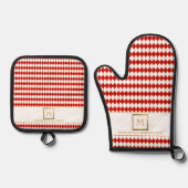 Elegant Goud Vierkant Monogram Rood Diamantpatroon Ovenwant & Pannenlap Set (Voorkant)