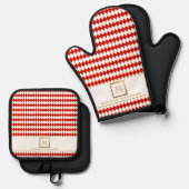 Elegant Goud Vierkant Monogram Rood Diamantpatroon Ovenwant & Pannenlap Set (Voorkant / Achterkant)