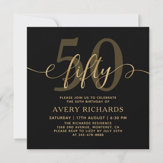 Elegant Goud Vijftig Script Zwart 50ste Verjaardag Kaart (Voorkant)