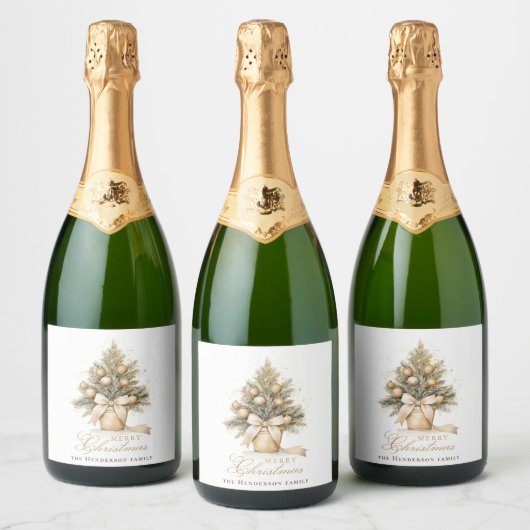 Elegant Goud Vrolijk Kerstboom Custom Name Sparkling Wijnetiket (Flessen)