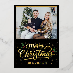 Elegant goud vrolijk kerstfeest, Holly Berry Folie Feestdagenkaart