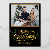 Elegant goud vrolijk kerstfeest, Holly Berry Folie Feestdagenkaart (Voorkant)