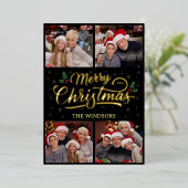 Elegant Goud Vrolijk Kerstmis Fotocollage Folie Feestdagenkaart (Staand Voorkant)