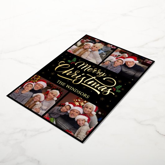 Elegant Goud Vrolijk Kerstmis Fotocollage Folie Feestdagenkaart (Gedraaid)