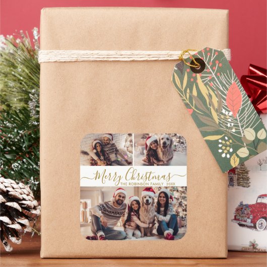 Elegant Goud Wit 3 Foto Collage Kerstmis Vierkante Sticker (Feestdagen)