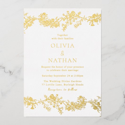 Elegant Goud & Wit Bloemen Bruiloft Folie Uitnodiging (Voorkant)