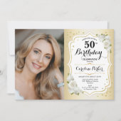 Elegant Goud Wit Bloemen Foto 50e Verjaardag Kaart (Voorkant)