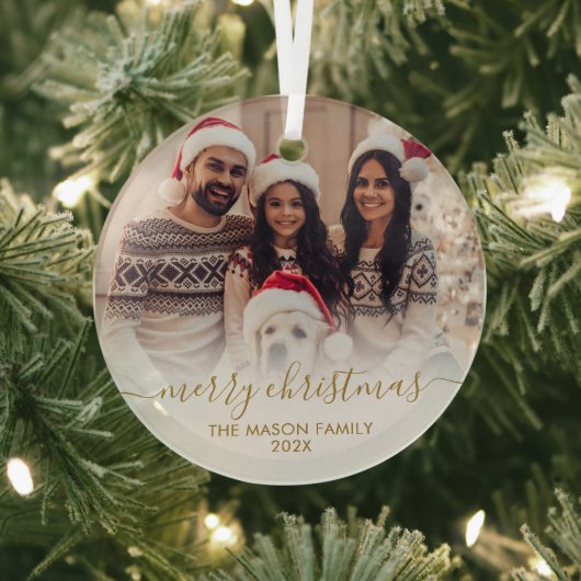 Elegant Goud Wit Familie Foto Vrolijk Kerstfeest Glas Ornament (Insitu)