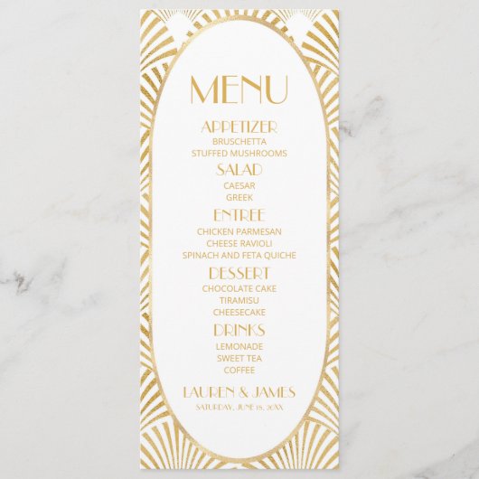 Elegant Goud Wit Geometrische Art Deco Bruiloft Menu (Voorkant)