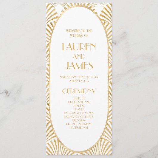 Elegant Goud Wit Geometrische Art Deco Bruiloft Programma (Voorkant)