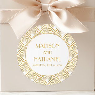 Elegant Goud Wit Geometrische Art Deco Bruiloft Ronde Sticker
