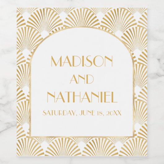 Elegant Goud Wit Geometrische Art Deco Bruiloft Wijn Etiket (Enkel label)