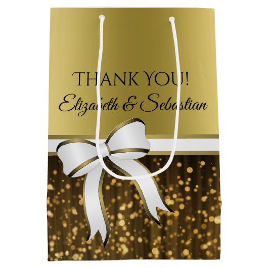 Elegant Goud Wit Lint Bruiloft Dank u Medium Cadeauzakje (Achterkant)