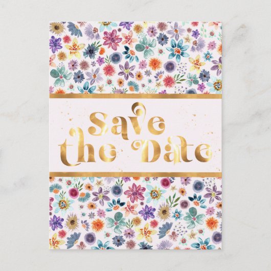 Elegant Goud Wit Roze Wildflower Save the Date Briefkaart (Voorkant)