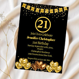 Elegant Goud & Zwart 21e Verjaardag Uitnodigingen