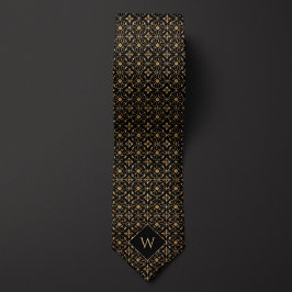 Elegant Goud & Zwart Arabesk Monogram Stropdas