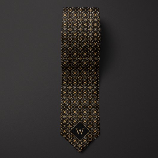 Elegant Goud & Zwart Arabesk Monogram Stropdas