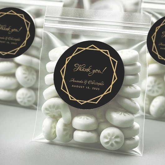 Elegant Goud Zwart Geometrisch Dank u Bruiloft Ronde Sticker