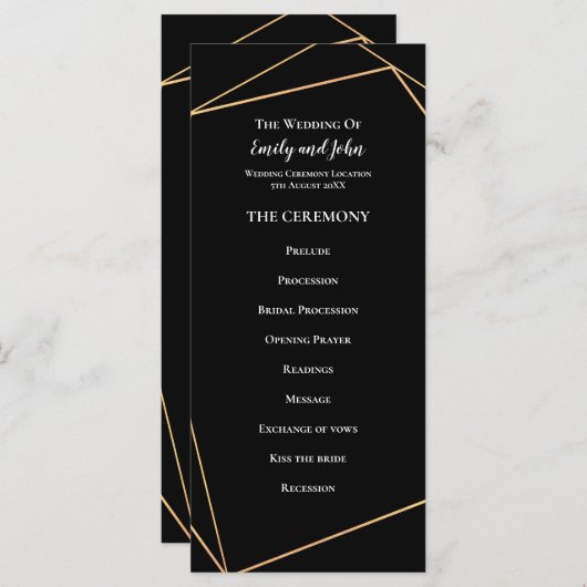 Elegant Goud & Zwart Geometrische Lijnen Bruiloft Programma (Voorkant / Achterkant)
