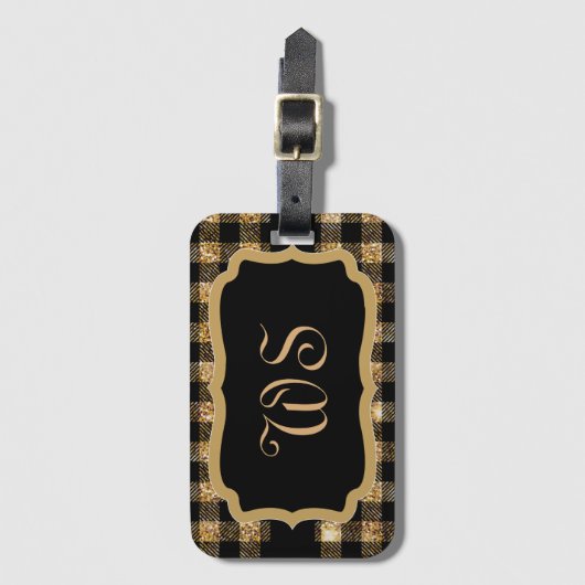 Elegant goud zwart geruite patroon chique monogram bagagelabel (Voorkant (verticaal))
